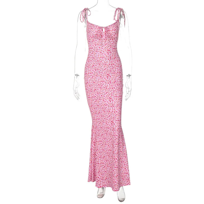 Summer Sexy Sleeveless Lace Up Bodycon Long Dress Summer Floral Maxi Dresses For Women Elegant Beach Vacation Dress Vestidos
