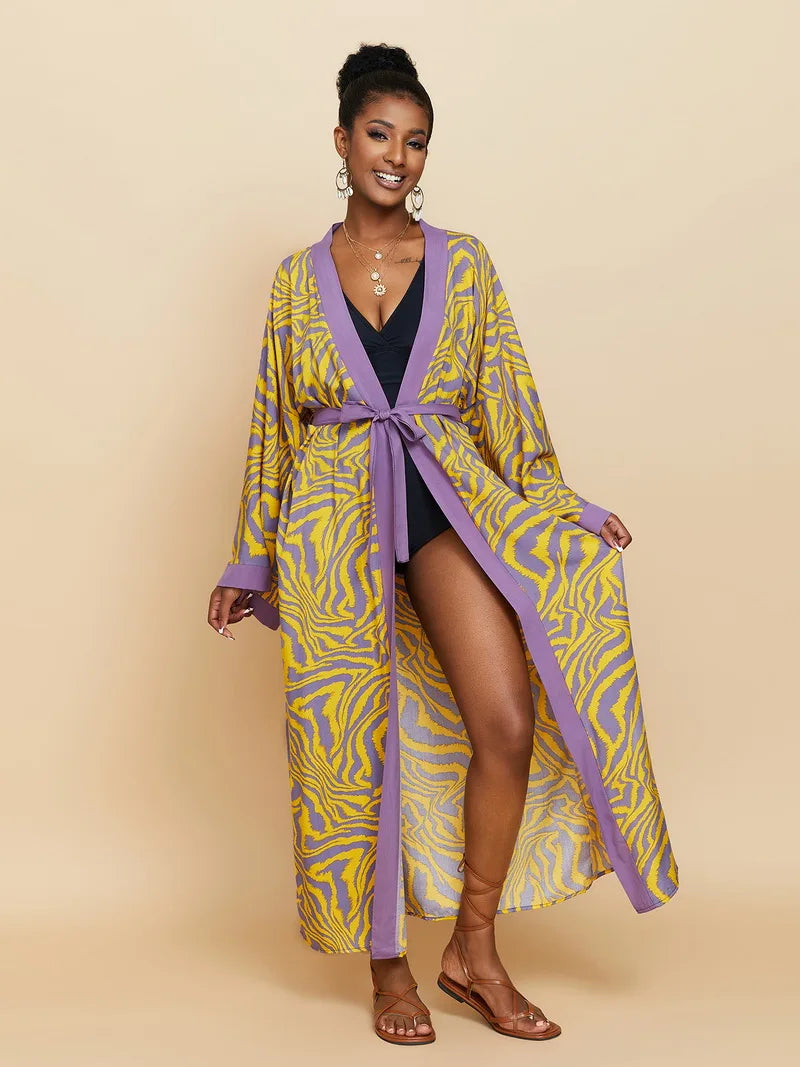 Para Praia Kimono Beach Robe Swimsuit Cover Ups Beachwear Long Flared Sleeve Dress Sarong Women Loose Cardigan Bikini Covers