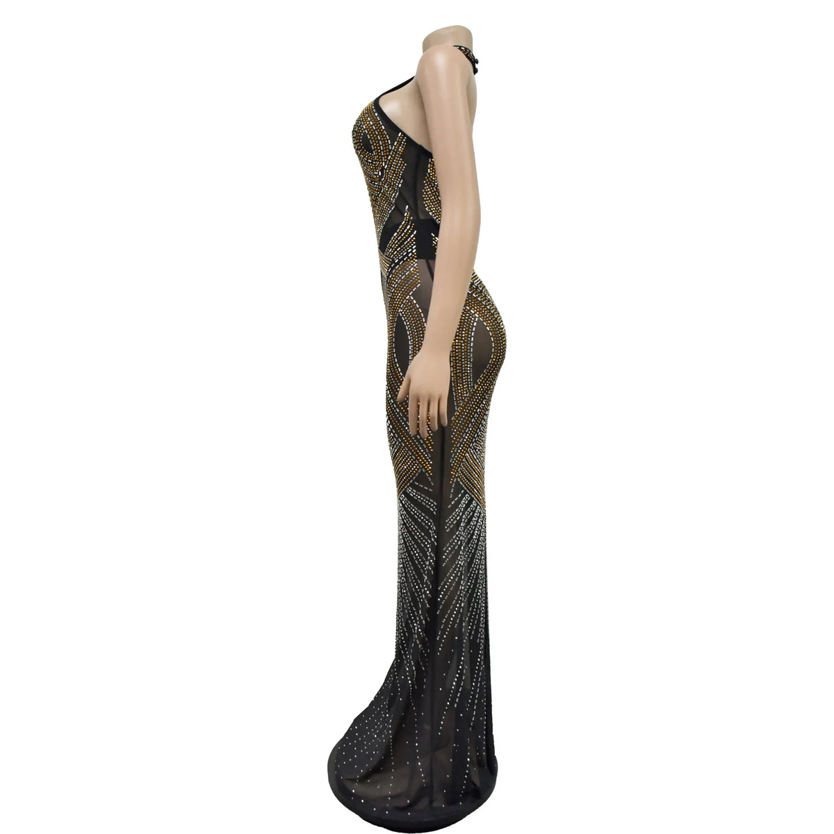 Fashion Women's Wear Solid Color Mesh Hot Rhinestone Halter Maxi Dress Sleeveless Formal Evening Long Dress Skinny Slim