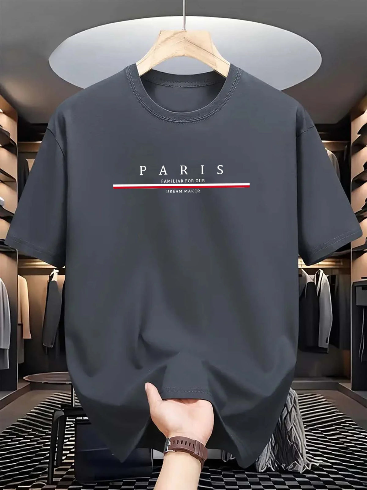 Men's 100% pure cotton summer casual loose fashion Paris letter printed comfortable round neck short sleeved T-shirt top