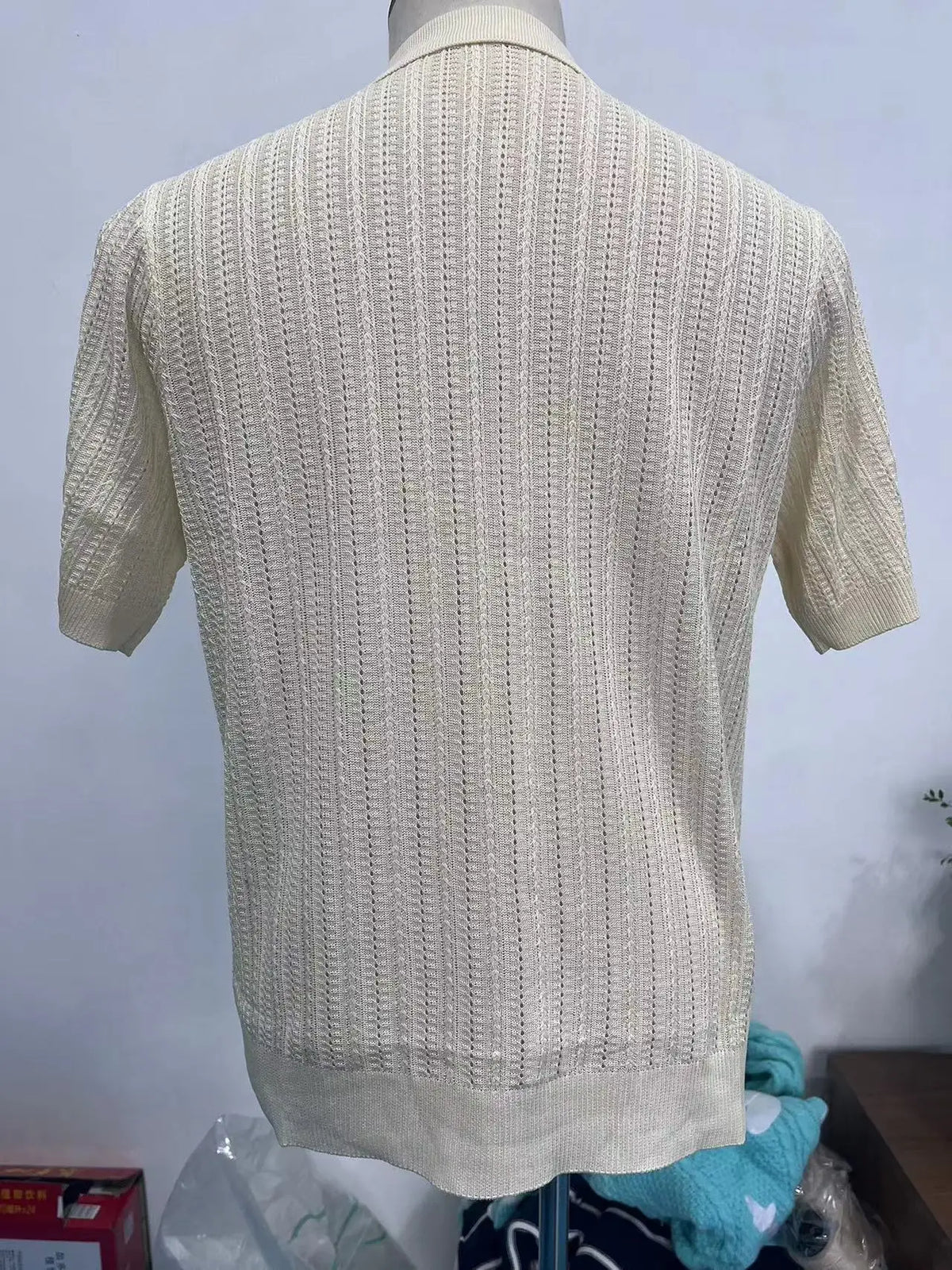 Summer Men's Casual Shirt Breathable Hollow Out Knit Shirt Short Sleeve Lapel Lightweight Top for Men European  American Loose