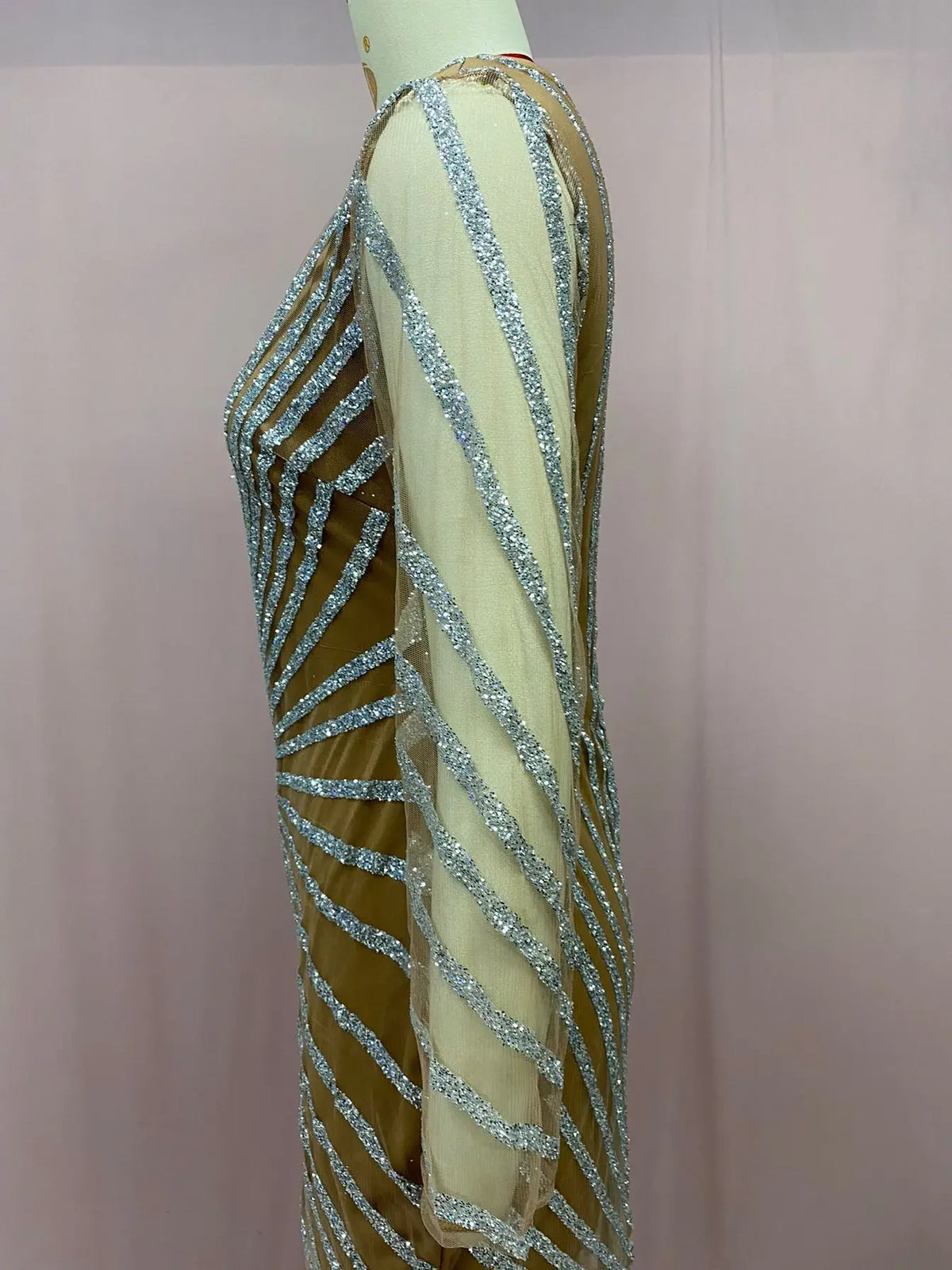 2024 New Spring Fashionable Embellished Women's Mesh Dress Long Sleeve Side Slit Long Dress For Women