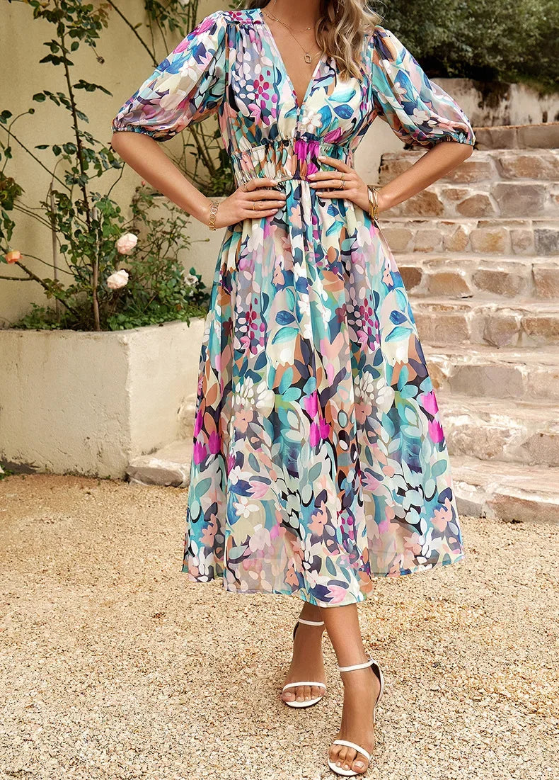 2024 Elegant High Quality Design summer long Dress Waist Cinching V-neck Print Elastic Waist Maxi  Dresses for Women Clothing