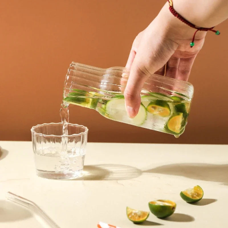 Transparent Water Carafe With Tumbler Cup Glass Water Bottle Sets Teacup Kitchen Pitcher Heat Resistant Milk Coffe Bottle Set