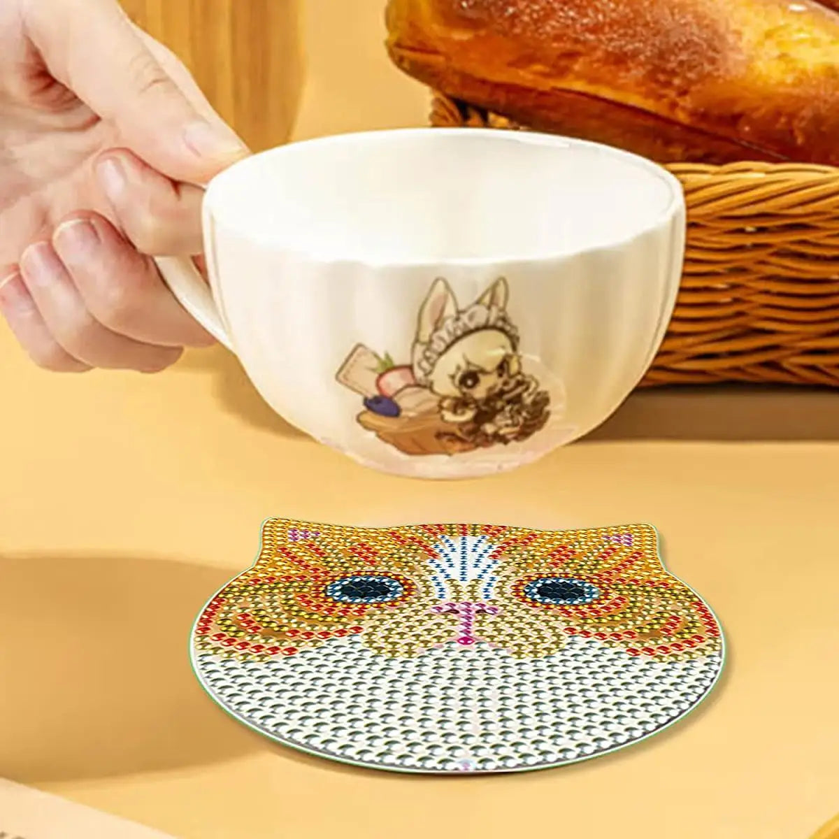 PhotoCustom 6pc/Sets Diamond Painting Coasters 5D DIY Round Diamond Mosaic Mandala Cup Coasters With Holder Kitchen Accessories