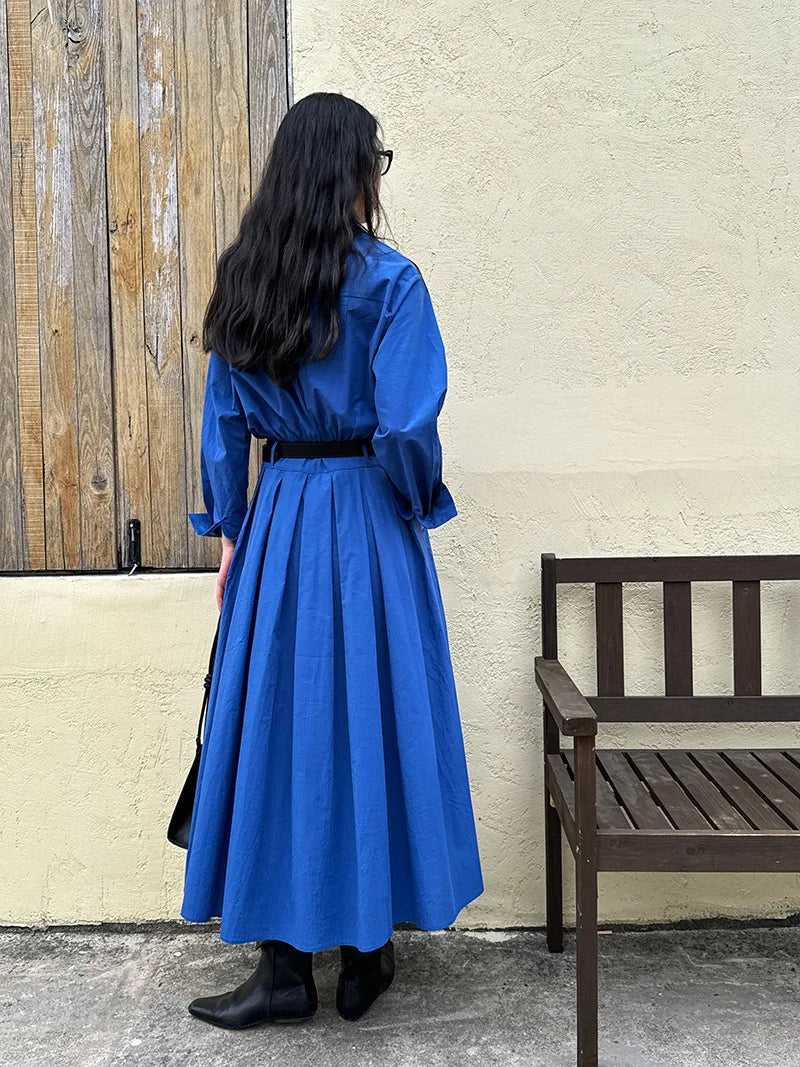 Polo‘s Collar Shirt Dress  Women Spring Slimming Long Dress With A Cinched Waist Blue / Pink