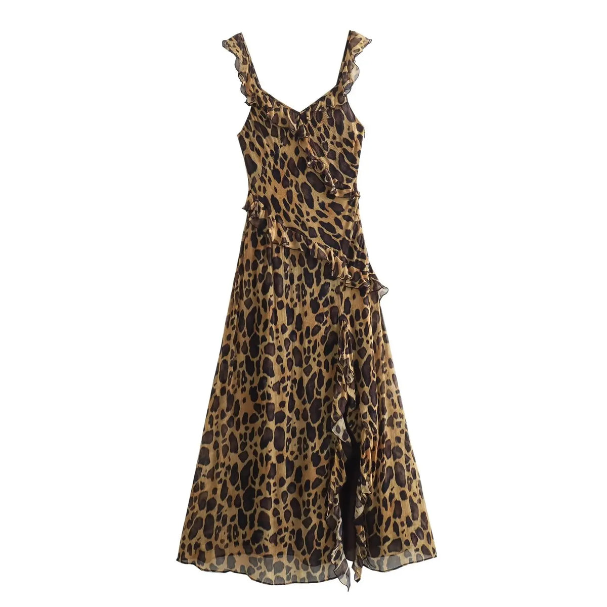 TRAFZA 2024 Woman Chic V-Neck Sleeveless Backless Slim Beach Party Dress Women Summer Vintage Leopard Fold Print Long Dress