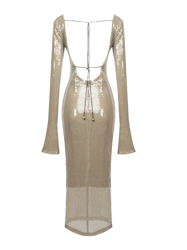 BEVENCCEL Sexy Luxury Sequins Deep V Long Sleeve Backless Sequins Long Dress Elegant  Bodycon Maxi Evening Party Clubwear Dress