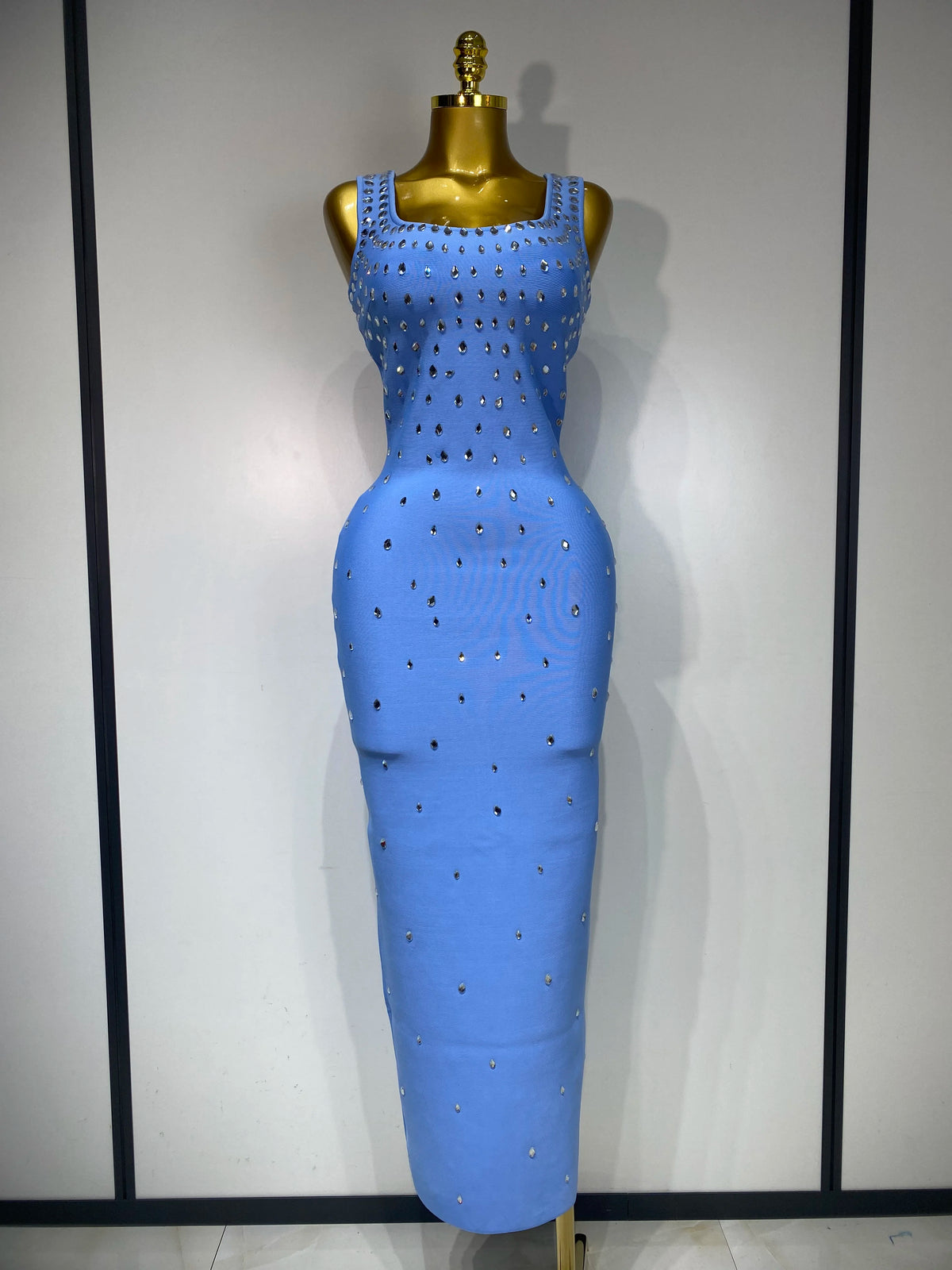 Women Sparkly Rhinestone Bandage Long Dress Elastic Sleeveless Bodycon High Street Evening Club Party Elegant Birthday Gowns