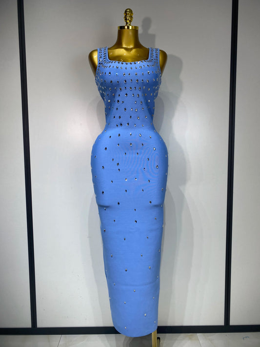 Women Sparkly Rhinestone Bandage Long Dress Elastic Sleeveless Bodycon High Street Evening Club Party Elegant Birthday Gowns