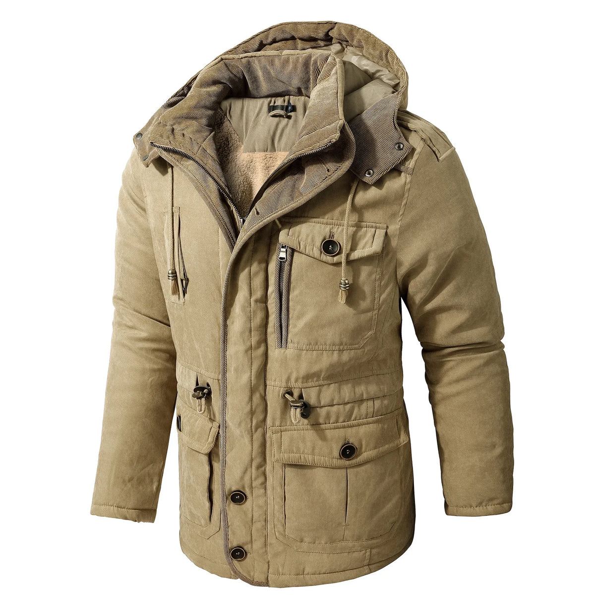 Men's Jacket WINTER USA SIZE Large SIZE Lamb Fleece JACKETS Hooded Cotton Thickened Multi Pocket Casual Mid length Coat
