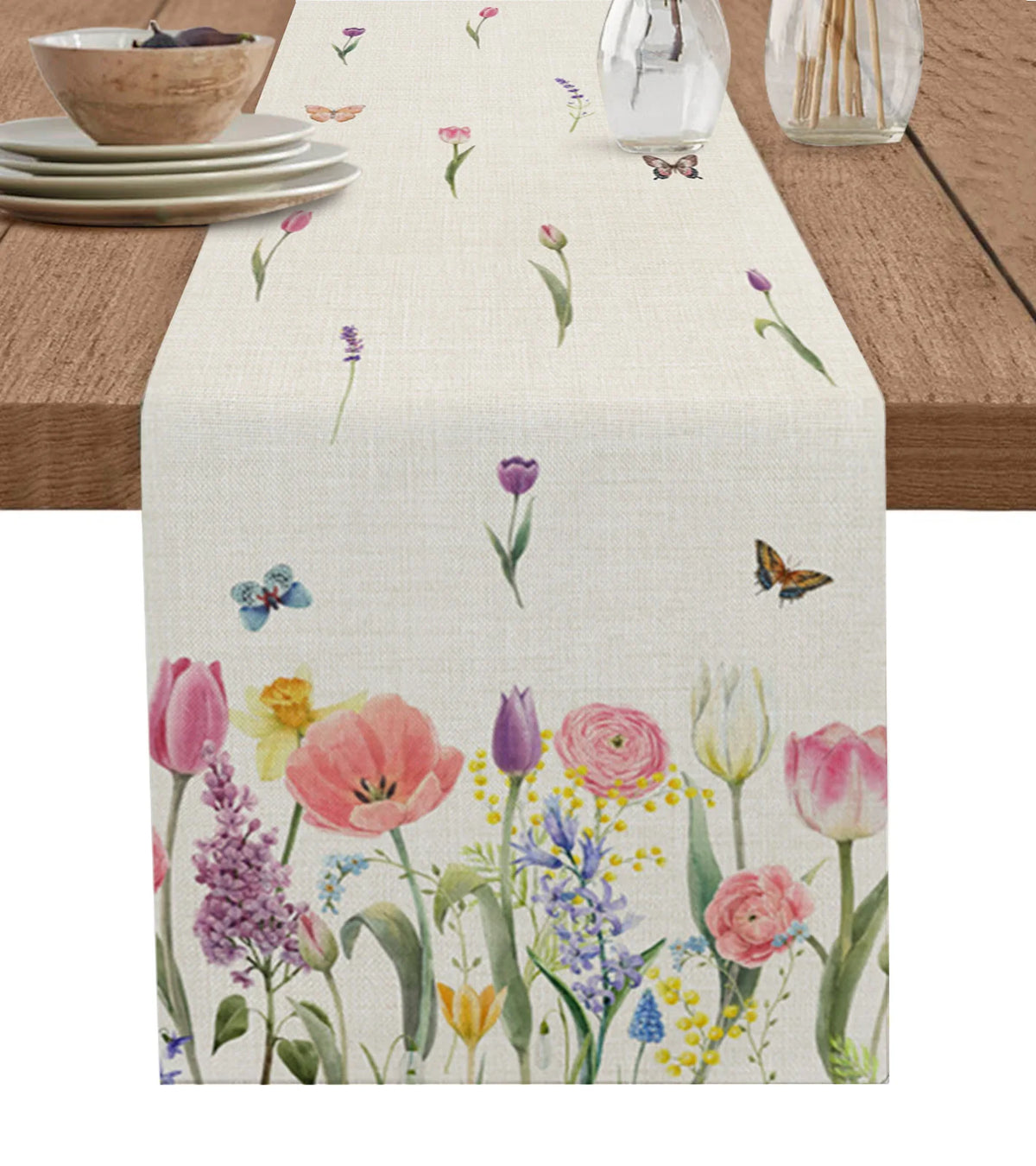 Spring Flower and Butterfly Table Runner, Luxury Kitchen Dinner Table Cover, Wedding Party Decor, Cotton Linen Tablecloth