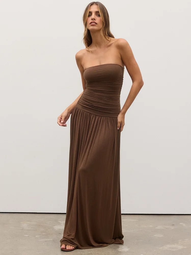 Mozision Off-shoulder Strapless Pleated Sexy Maxi Dress Women Fashion Backless Sleeveless High Waist Ruched Long Dress Elegant