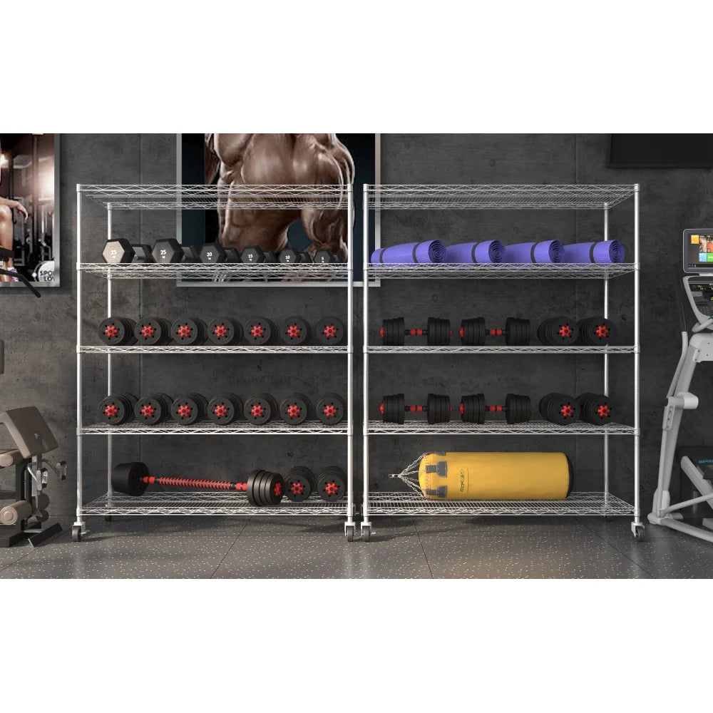 Warehouse supermarket kitchen other 5-layer heavy-duty adjustable shelves with wheels  adjustable feet  frame bearing 300 pounds