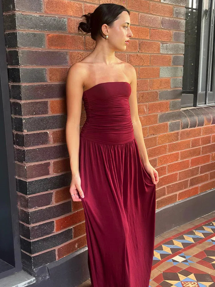 Mozision Off-shoulder Strapless Pleated Sexy Maxi Dress Women Fashion Backless Sleeveless High Waist Ruched Long Dress Elegant