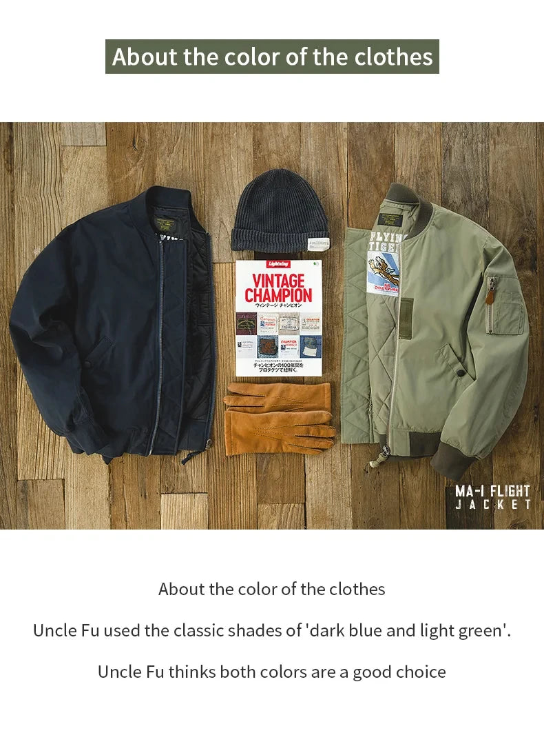 Maden Retro MA1 Bomber Jacket Thickened Splicing Baseball Flight Coat with Inner Pocket for Men's Winter Cotton Padded Jacket