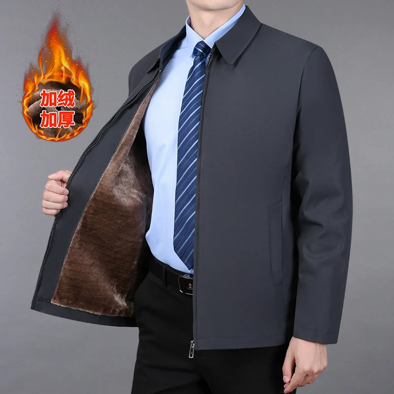 Men Business Jacket Parkas Mid-aged Men's Lapel Jacket with Zipper Pockets for Formal Business or Casual Wear in Autumn Winter