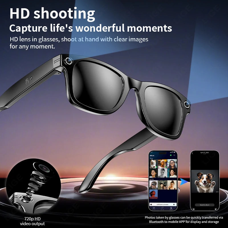 AI Smart Glasses with HD Camera for Photos Videos Hands-Free Vlog Recording Camera Glasses Audio for Driving Outdoor Sunglasses