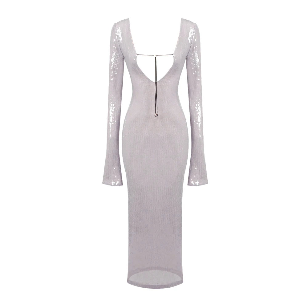 BEVENCCEL Sexy Luxury Sequins Deep V Long Sleeve Backless Sequins Long Dress Elegant  Bodycon Maxi Evening Party Clubwear Dress