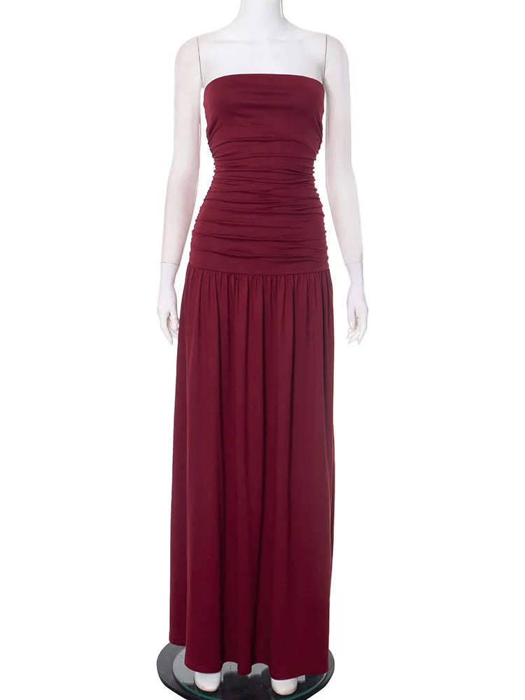 Mozision Off-shoulder Strapless Pleated Sexy Maxi Dress Women Fashion Backless Sleeveless High Waist Ruched Long Dress Elegant