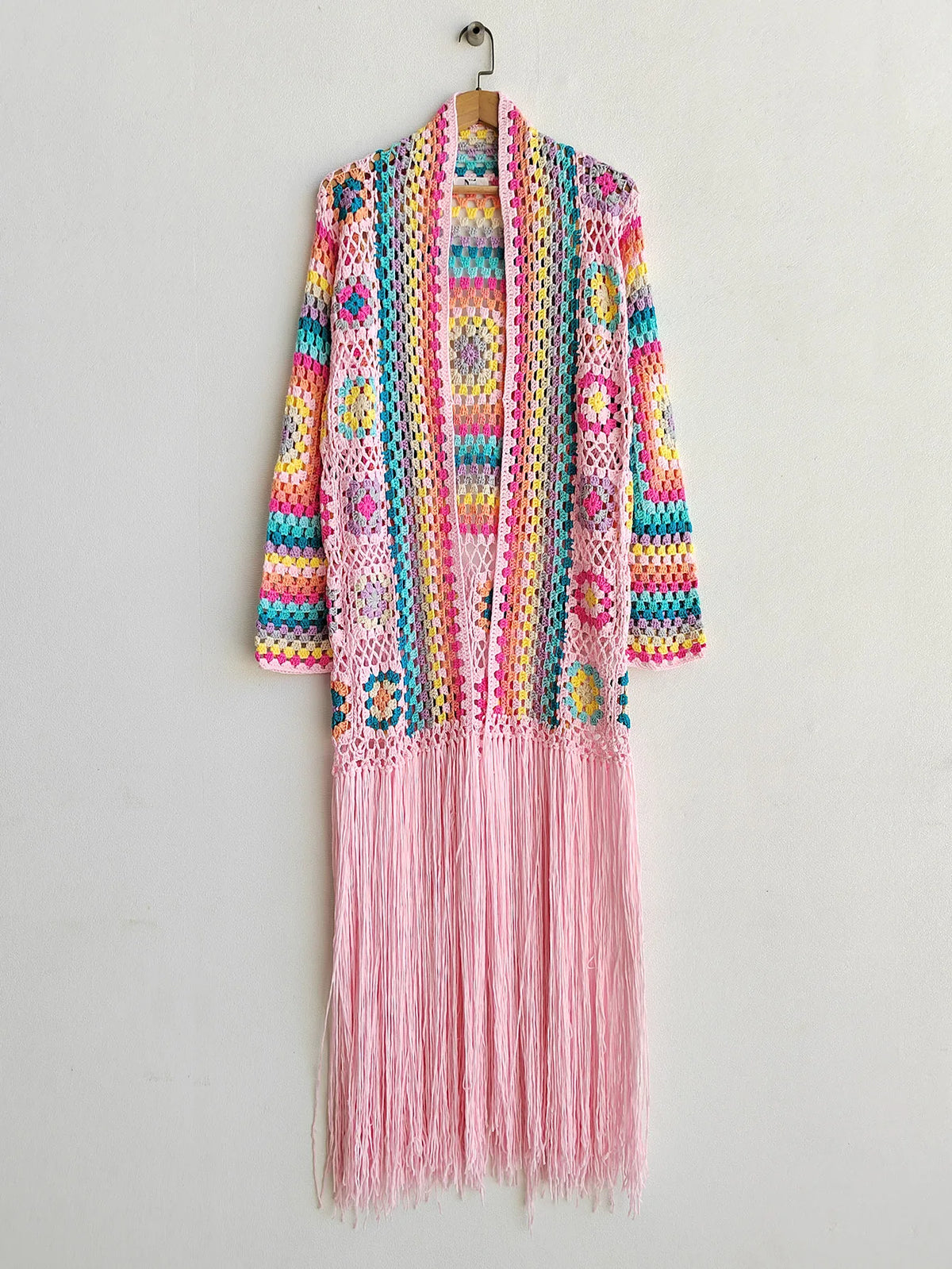 Crochet Knitted Women Cardigan Cover Ups Tassel Plaid Long Coat Bohemian 2023 Summer Beach Bikini Covers Sexy Hook Vestidos