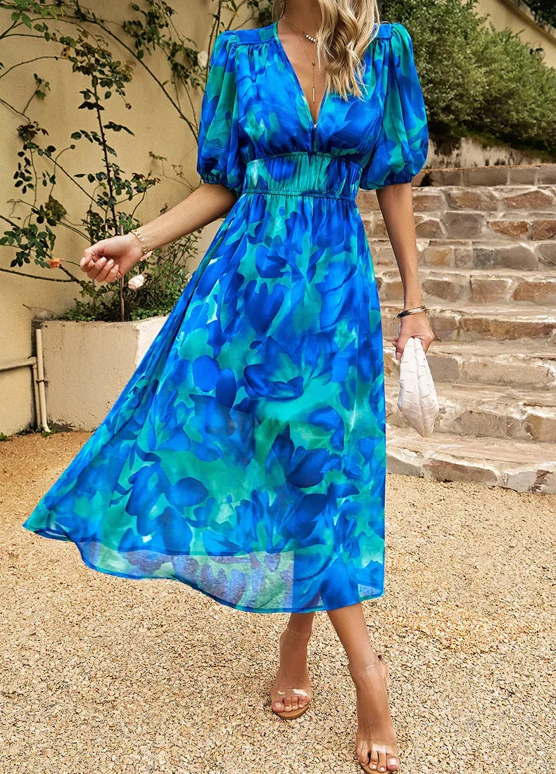 2024 Elegant High Quality Design summer long Dress Waist Cinching V-neck Print Elastic Waist Maxi  Dresses for Women Clothing