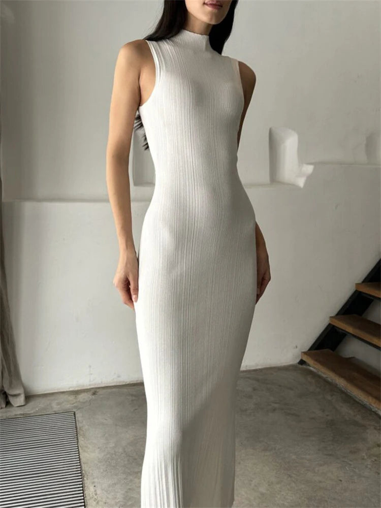 2024 Spring Summer Knitted Long Dress Women Elegant Turtleneck Sleeveless Basic Bodycon Solid Maxi Dresses Female Vestidos
