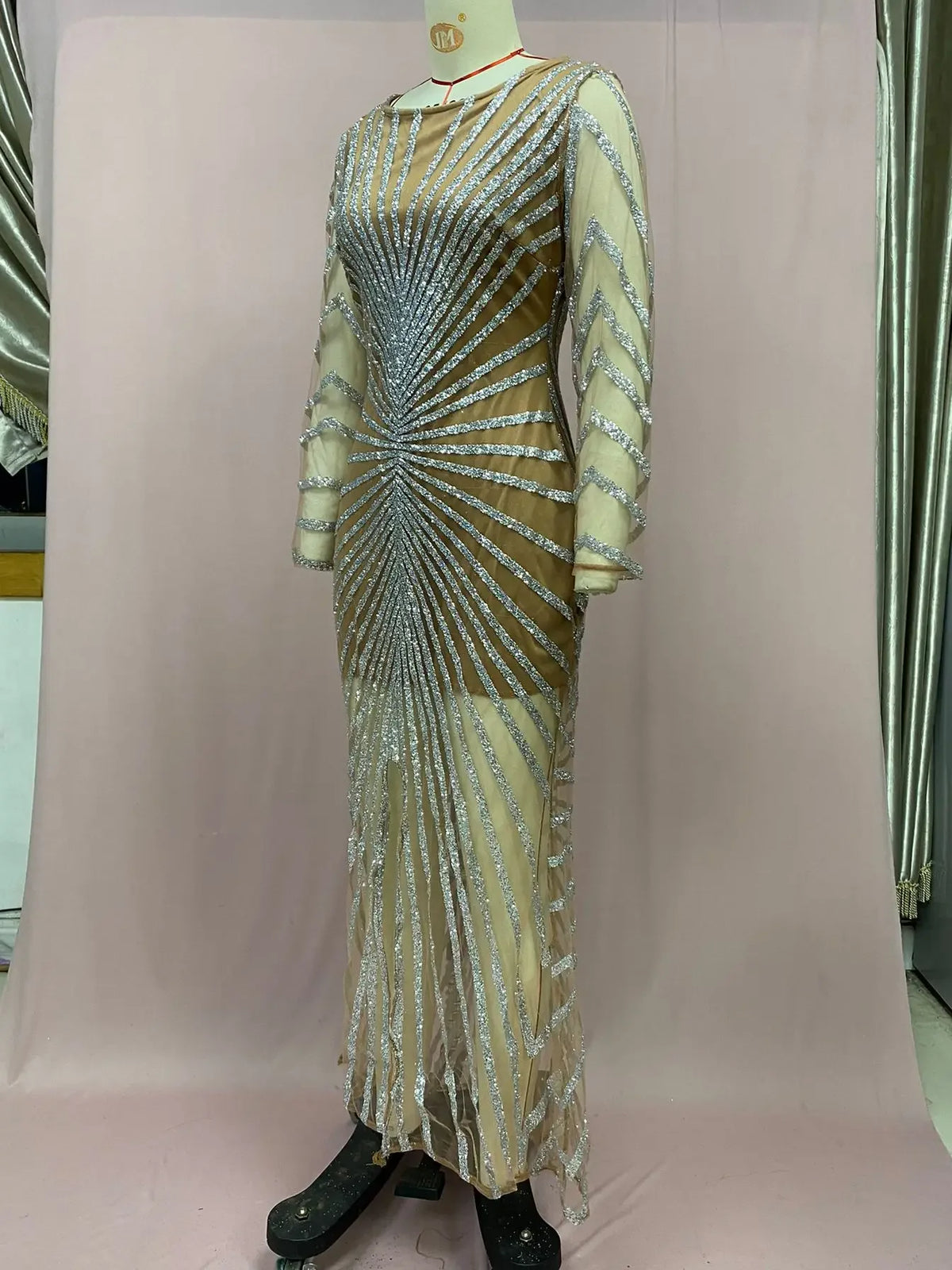 2024 New Spring Fashionable Embellished Women's Mesh Dress Long Sleeve Side Slit Long Dress For Women