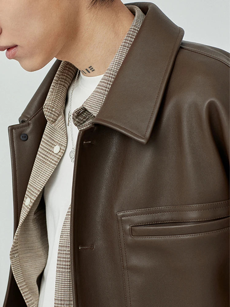 Mauroicardi Spring Autumn Short Oversized Brown Black Soft Faux Leather Jackets for Men Pockets Long Sleeve Korean Fashion 2022