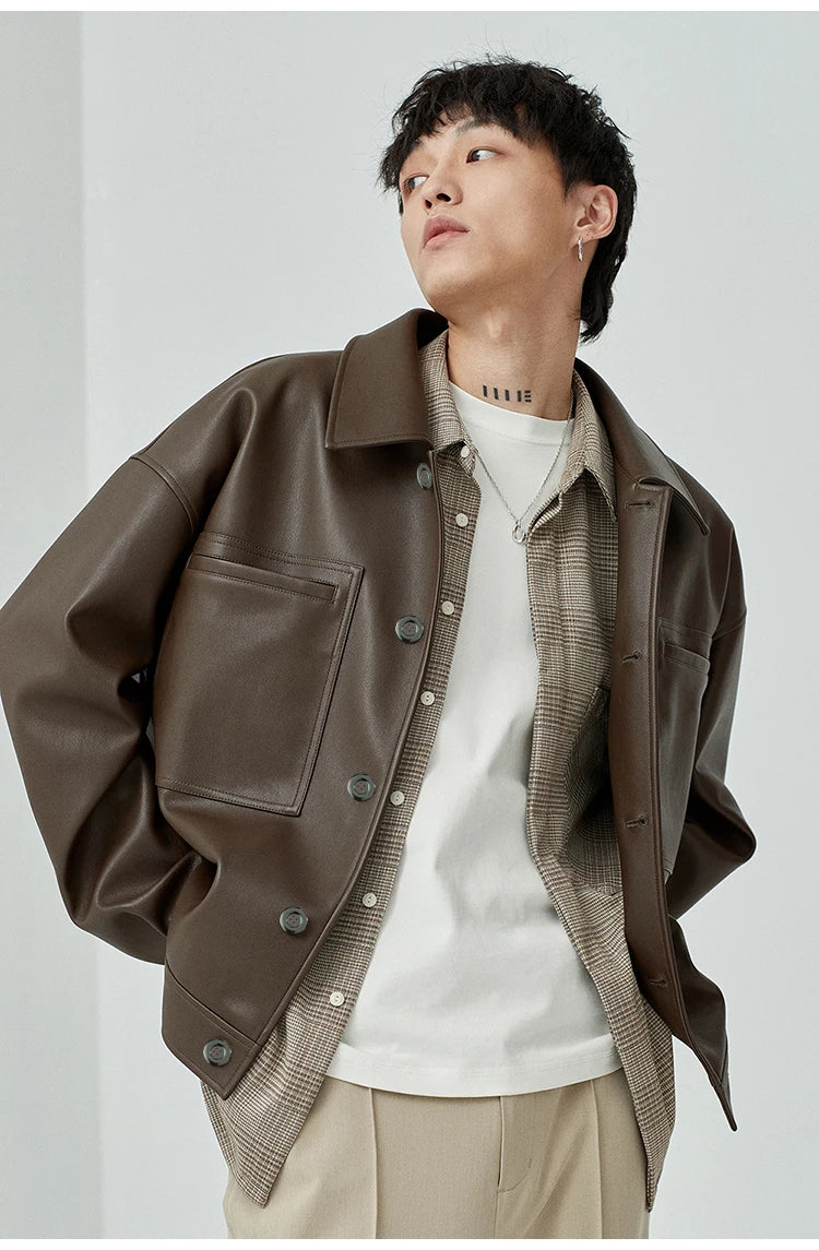Mauroicardi Spring Autumn Short Oversized Brown Black Soft Faux Leather Jackets for Men Pockets Long Sleeve Korean Fashion 2022