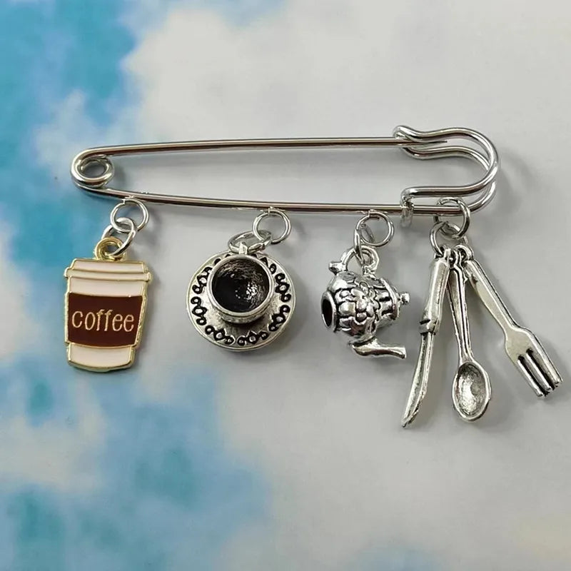 Fashionable kitchen utensils, knives, spoons, metal brooches, coffee cups, tea pots, coffee afternoon tea, cute gift pins