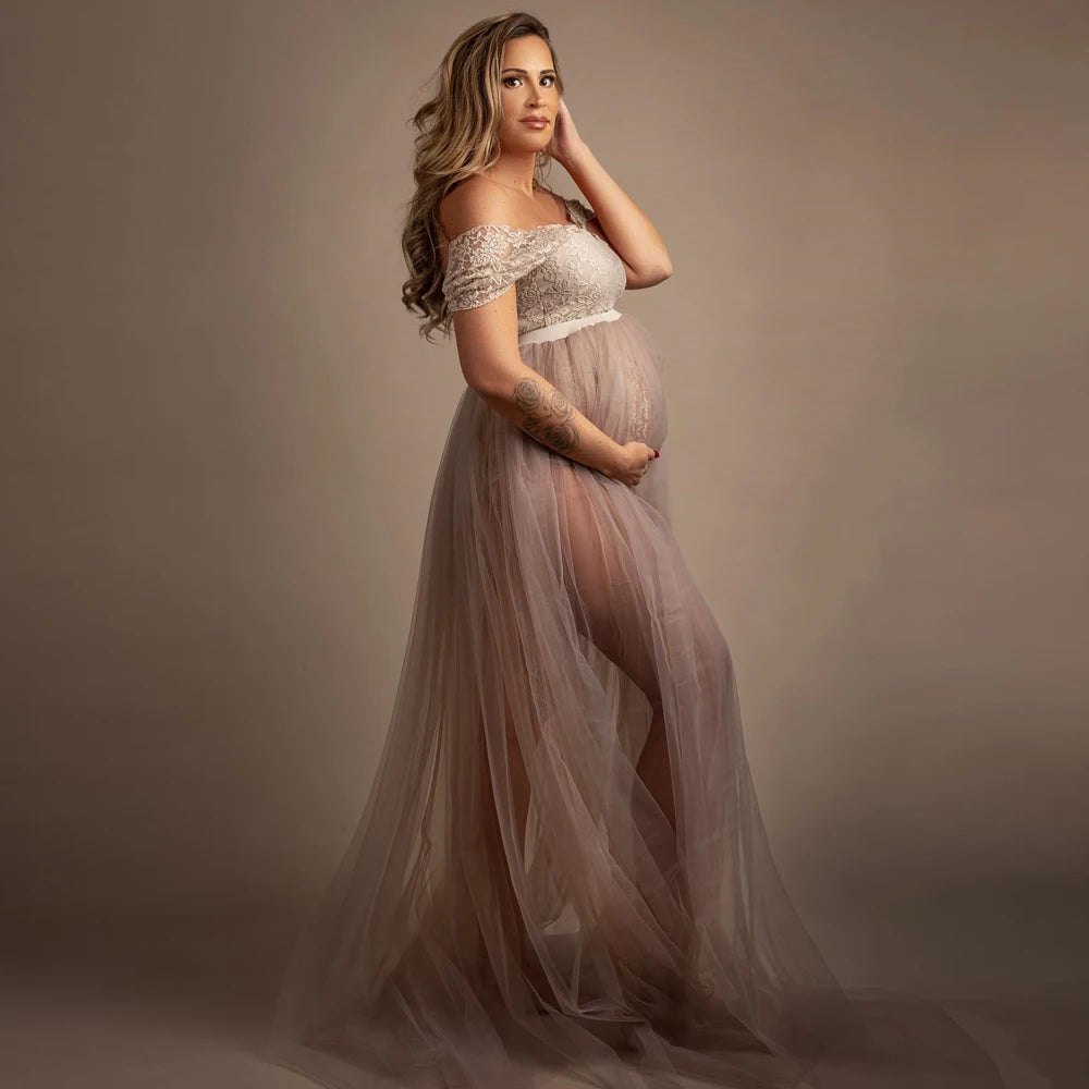 Bohemian Photo Shooting Pregnancy Dress Lace Bodysuit Tulle Long Dress  Boho Style Maternity Dresses For Photo Shoot