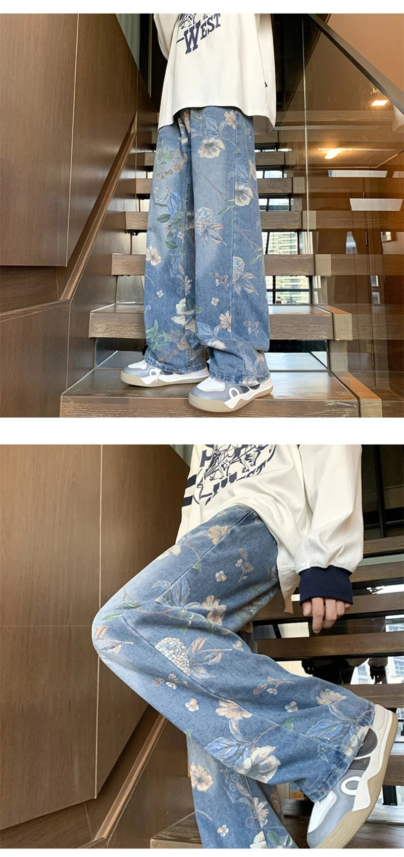 American High Street Floral Printed Jeans For Men 2024 New Y2K Vintage Denim Trousers Hip Hop Fashion Wide-leg Baggy Jean Pants