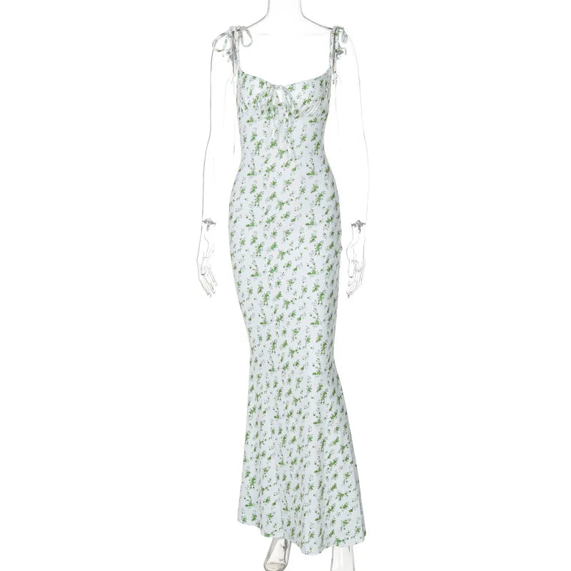 Summer Sexy Sleeveless Lace Up Bodycon Long Dress Summer Floral Maxi Dresses For Women Elegant Beach Vacation Dress Vestidos