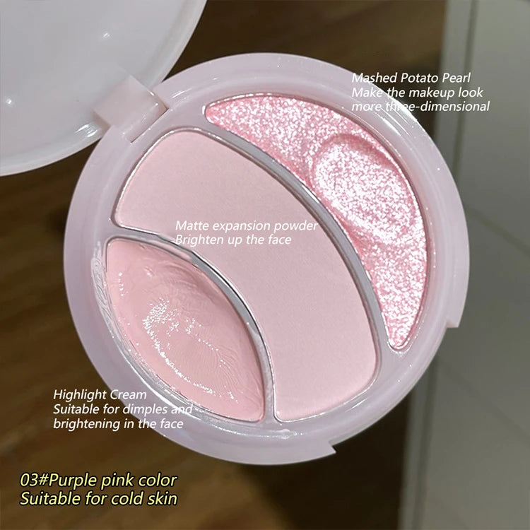 3-color Highlighter Palette Multi-use Mash Potato Pearlescent Matte Facial Contour Powder Cream Natural 3D Face Brighten Makeup