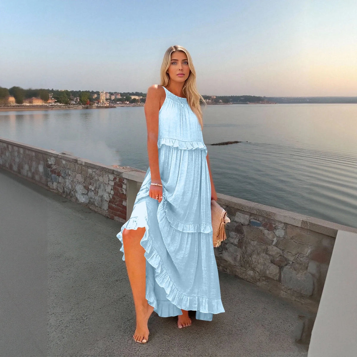 Women's Ruffled hem layered long dresses Summer Sleeveless backless dress Fashion Long Dress Big Swing Beach Dress vestidos