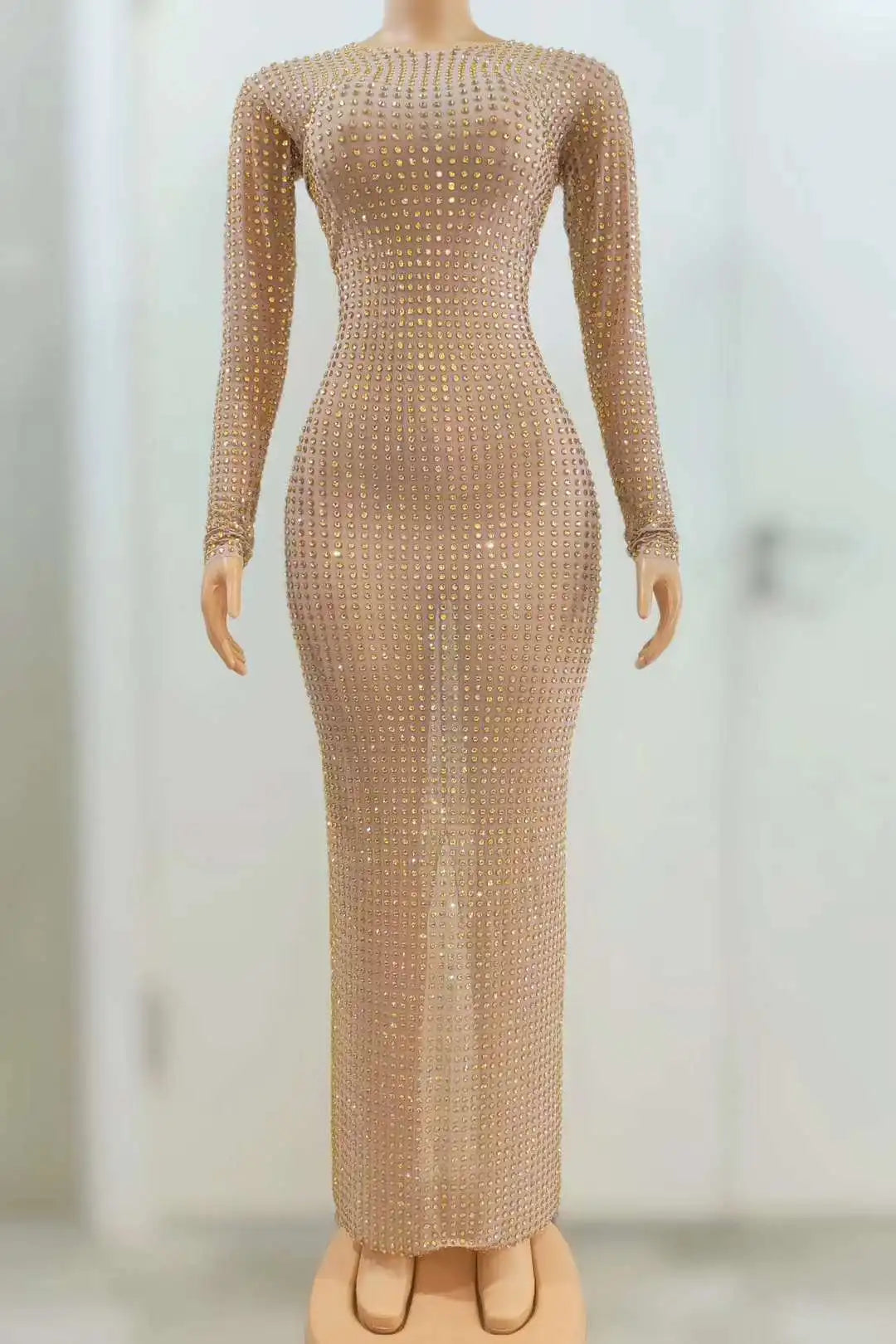 Luxury Celebrity Party Long Dress Women Sexy Mesh See Through Birthday Costume Sparkly Rhinestones  Evening Elegant Gowns