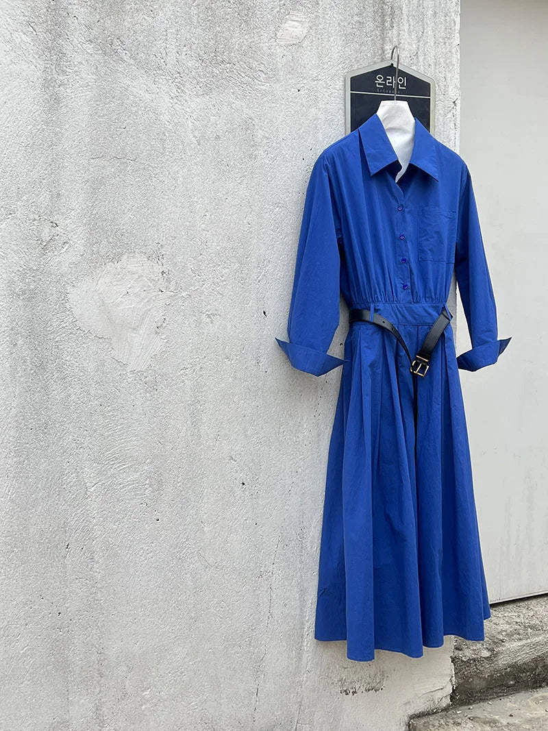 Polo‘s Collar Shirt Dress  Women Spring Slimming Long Dress With A Cinched Waist Blue / Pink