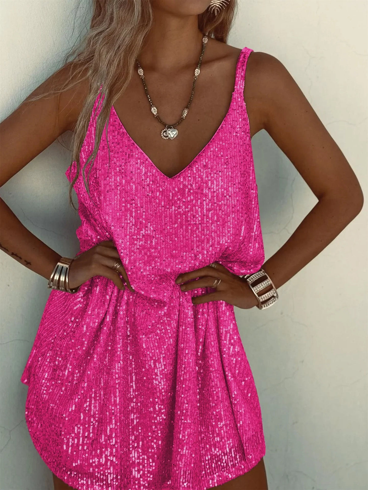 Summer New Women's Fashionable Sexy Tank Dress Solid Color Loose-Fit Long Dress With Sequins V-Neck Fashion Accessories