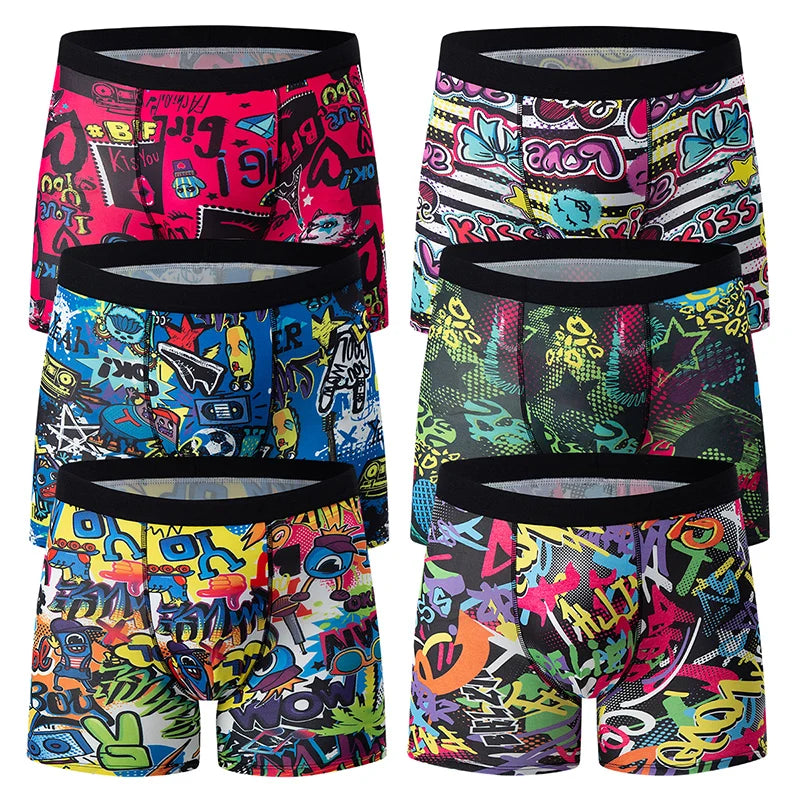 6 Pcs Parent-child Fashion Printed Underwear Men's Multi-size Long Boyshort Teenagers Comfortable And Versatile Elastic Waist S