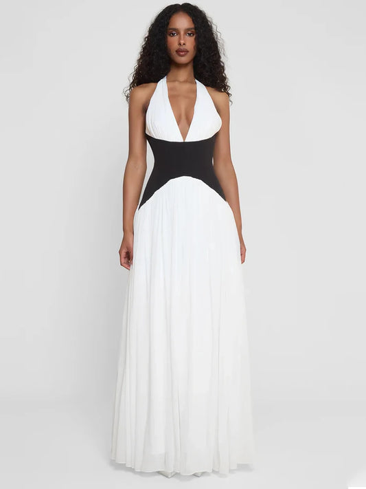Mozision Halter Deep V Neck Backless Sexy Maxi Dress Women Gown Fashion Patchwork Sleeveless High Waist Club Party Long Dress