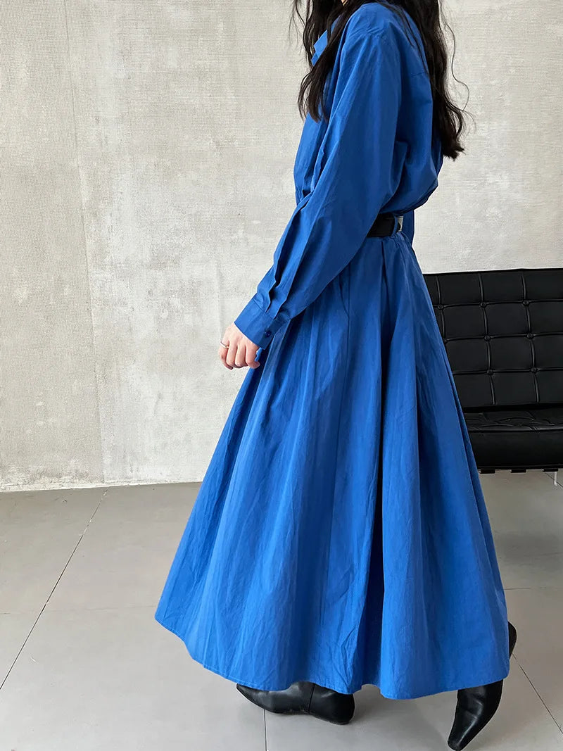 Polo‘s Collar Shirt Dress  Women Spring Slimming Long Dress With A Cinched Waist Blue / Pink
