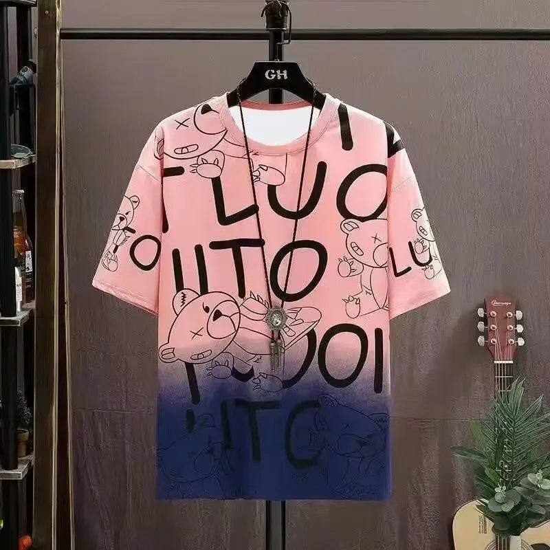 T-shirt for Men Summer Manga Tshirt Tops Bear Loose Graffiti Tee Fashion Goth Print Men's Short Sleeve Male Casual Clothes