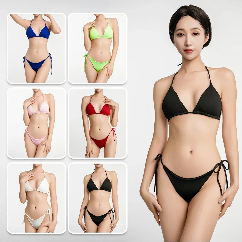 Women Two Pieces Padded Bikini Set Sexy Bra Side Tie Thong Swimsuit  Three-point Bandage Brazilian Style Swimwear Biquinis
