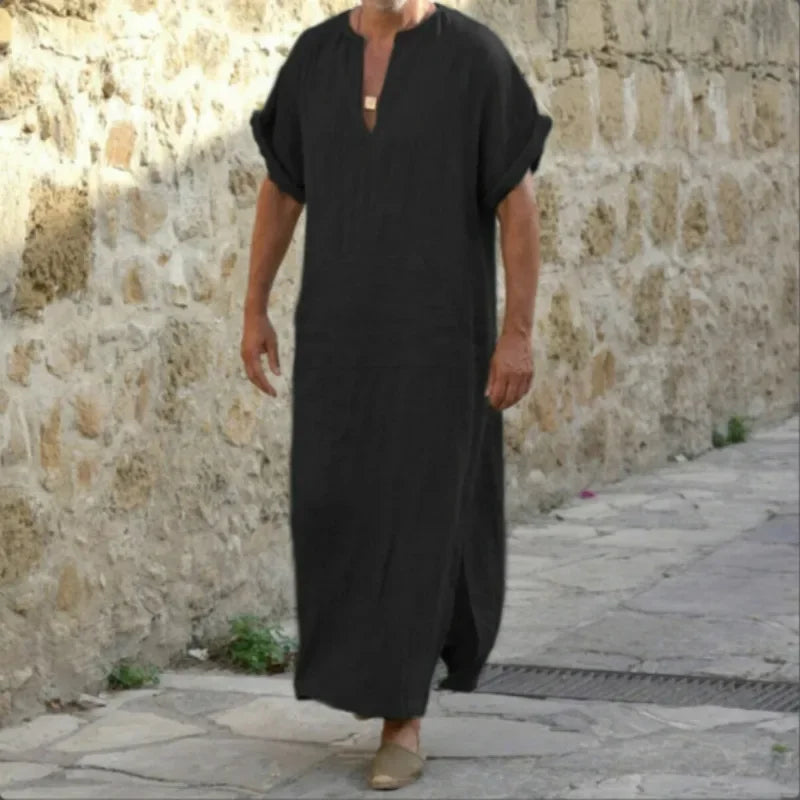Ew Spring and Summer Models Men Muslim Style Mens Robe Simple Solid All-match Small V-neck Linen Comfortable Short Sleeve Robe