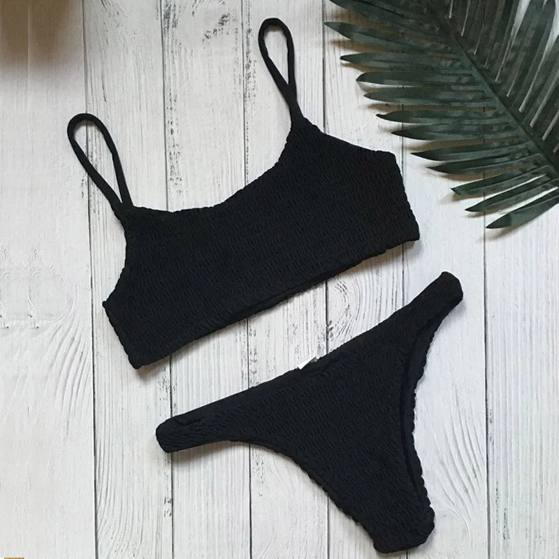 Sexy Triangle Bathing Suit for Women Vintage Pleated Suspender Push Up Bikini Summer 2025 New Simple Solid Swimwear Bikinis Sets