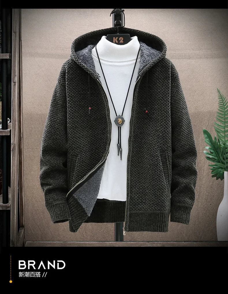 Men Cardigan Winter Hooded Solid Sweater Autumn Winter Fleece Warm Casual Sweatercoat Male Zipper Knitted Cardigans Men Clothing