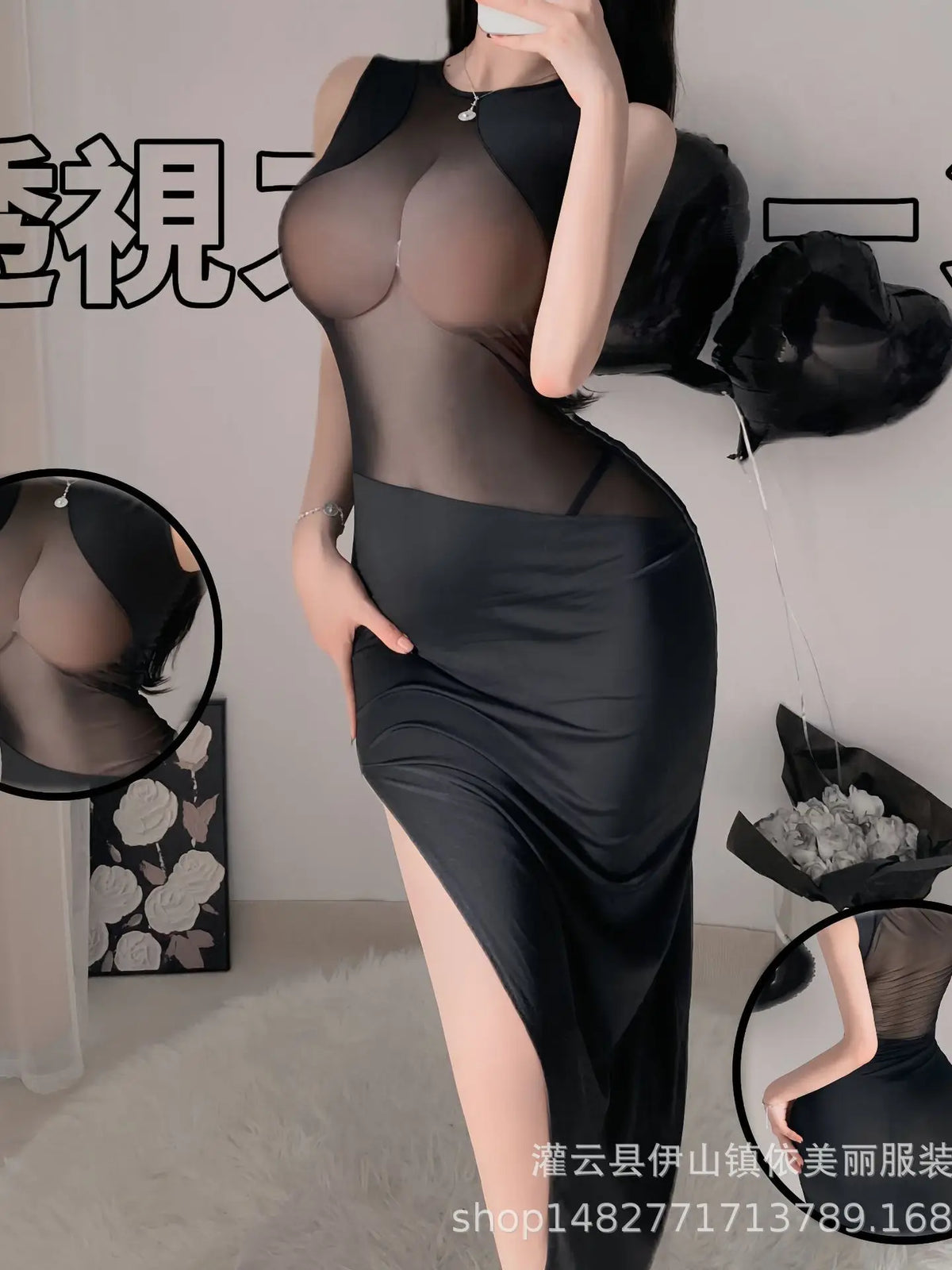 New Style Gauze Breathable Passion Erotic Elegant Fun Sexy Tight Fitting Slit Hollowed Out Long Dress Sheath Nightclub 2NPM