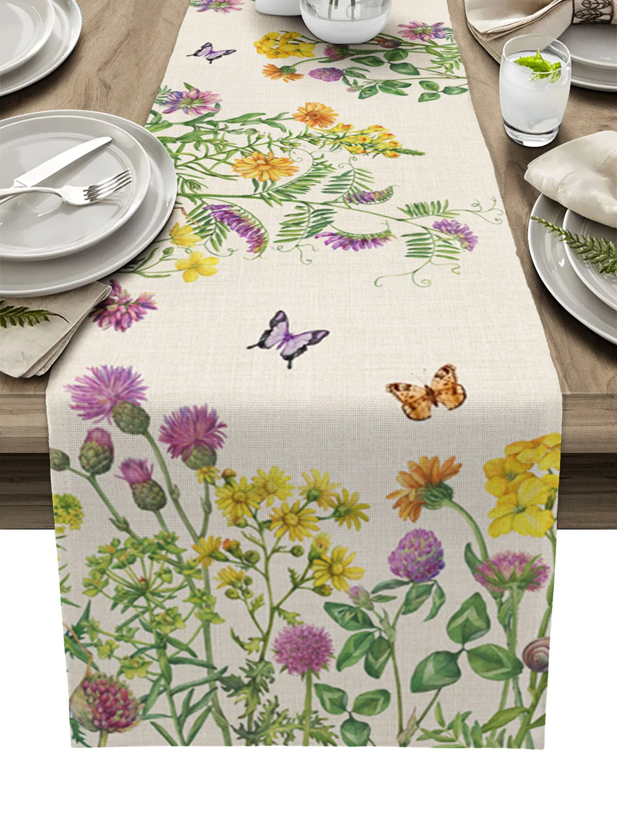 Spring Flower and Butterfly Table Runner, Luxury Kitchen Dinner Table Cover, Wedding Party Decor, Cotton Linen Tablecloth