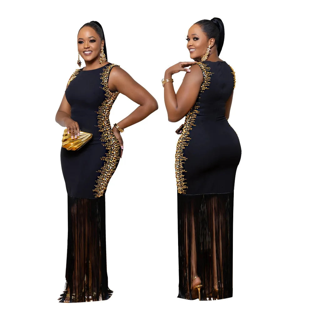 CM.YAYA Fall Diamonds Hot Rhinestones Tassel O-neck Women Sleeveless Bodycon Long Dress Birthday Party Evening Prom Maxi Dresses